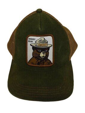 Smokey Bear Corduroy Mesh Trucker Hat Adjustable Forest Green & Tan Snapback
